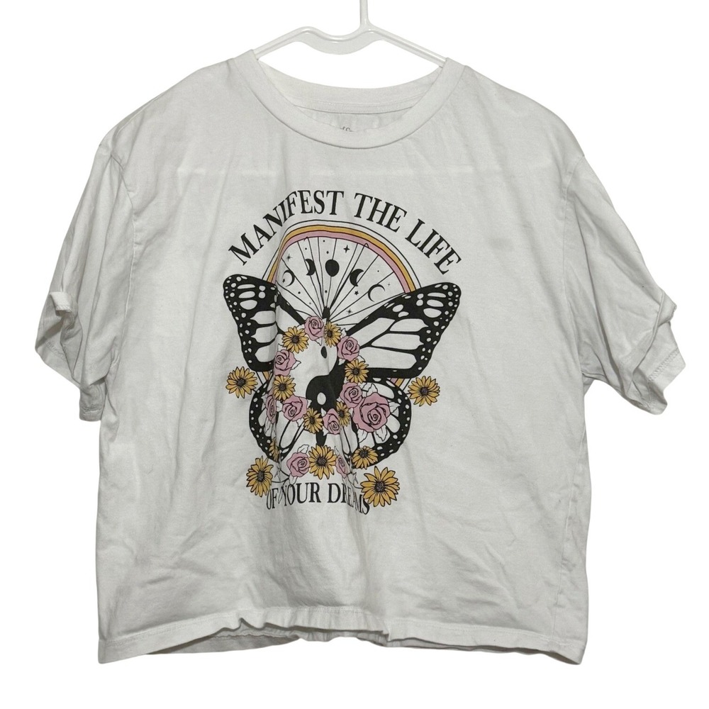 House of Cotton Manifest The Life Butterfly Graphic T-Shirt White Large Boho‎